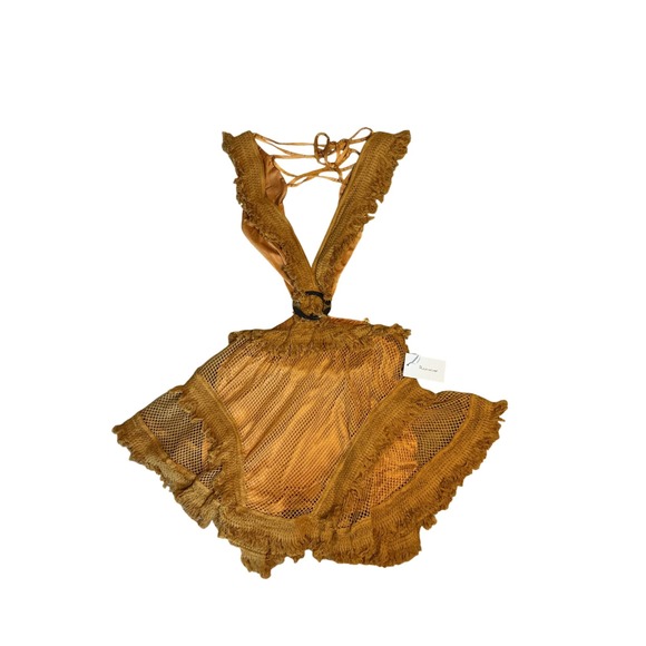 RoseVelvet Mustard Yellow Cutout Lace Up Fringe Mini Dress - Picture 2 of 8